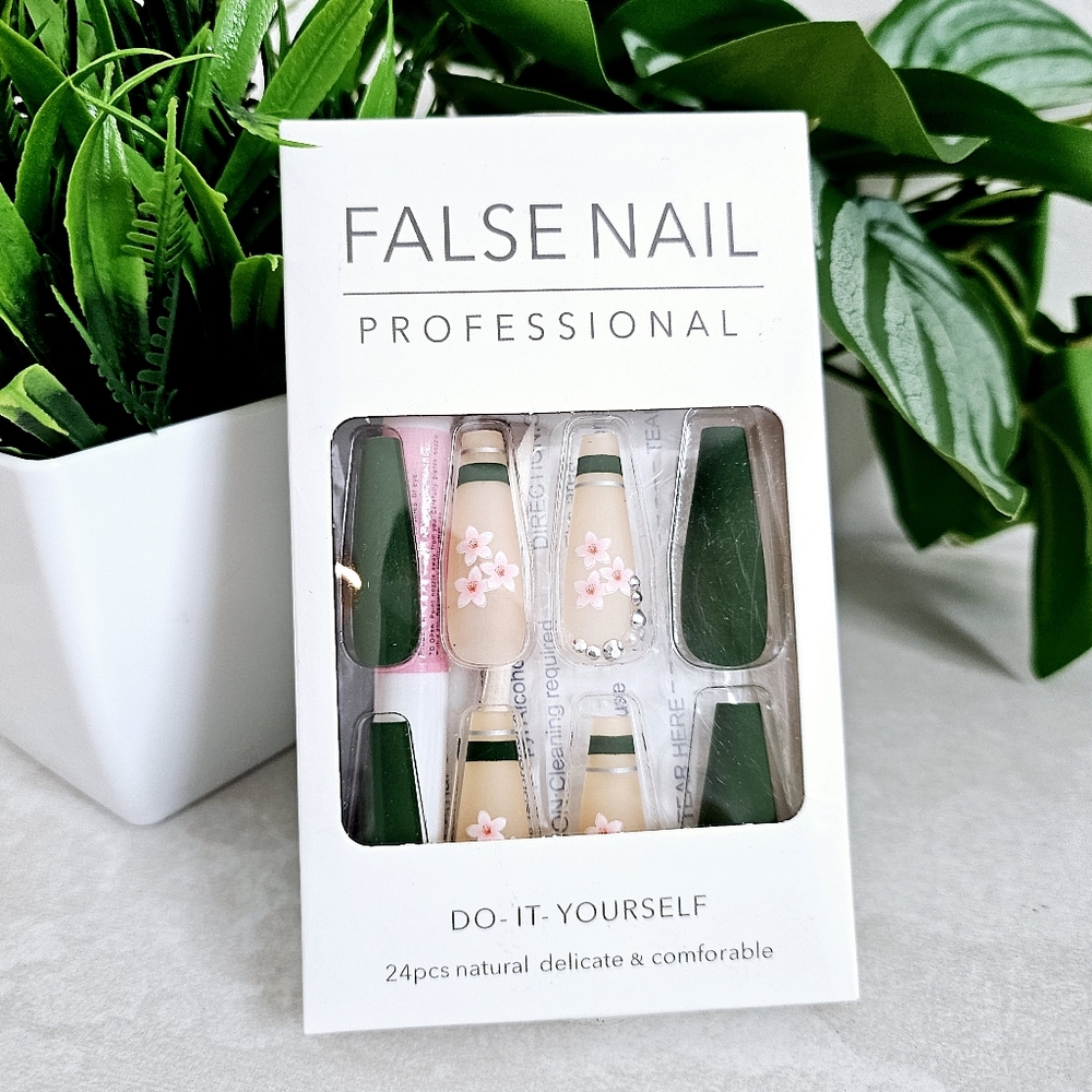 🆕️French Long Press-On Nails Matte Green Beige Floral Prints 24pcs